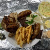 Grill Combination Platter · 1/4 chicken, carnita, chorizos, coleslaw, and french fries.