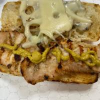 Gruyere Chicken Breast Sandwich · Rotisserie chicken breast covered with melted Swiss cheese, sauteed onions, and Dijon mustar...