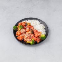 C23. Crispy Sesame Chicken · Served with white rice and brown rice.
