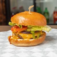 Cheese Burger · Patty topped with Lettuce , Tomato and  grilled onions , peppers , mayo honey mustard and ke...