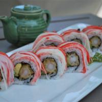 Angry Dragon Roll · Shrimp tempura avocado. Top with crab meat.