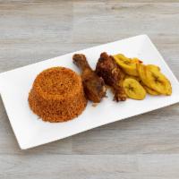 Jollof RIce · Rice, vegetable oil, fresh tomatoes, hot red pepper, red bell pepper, onions and tomatoes.