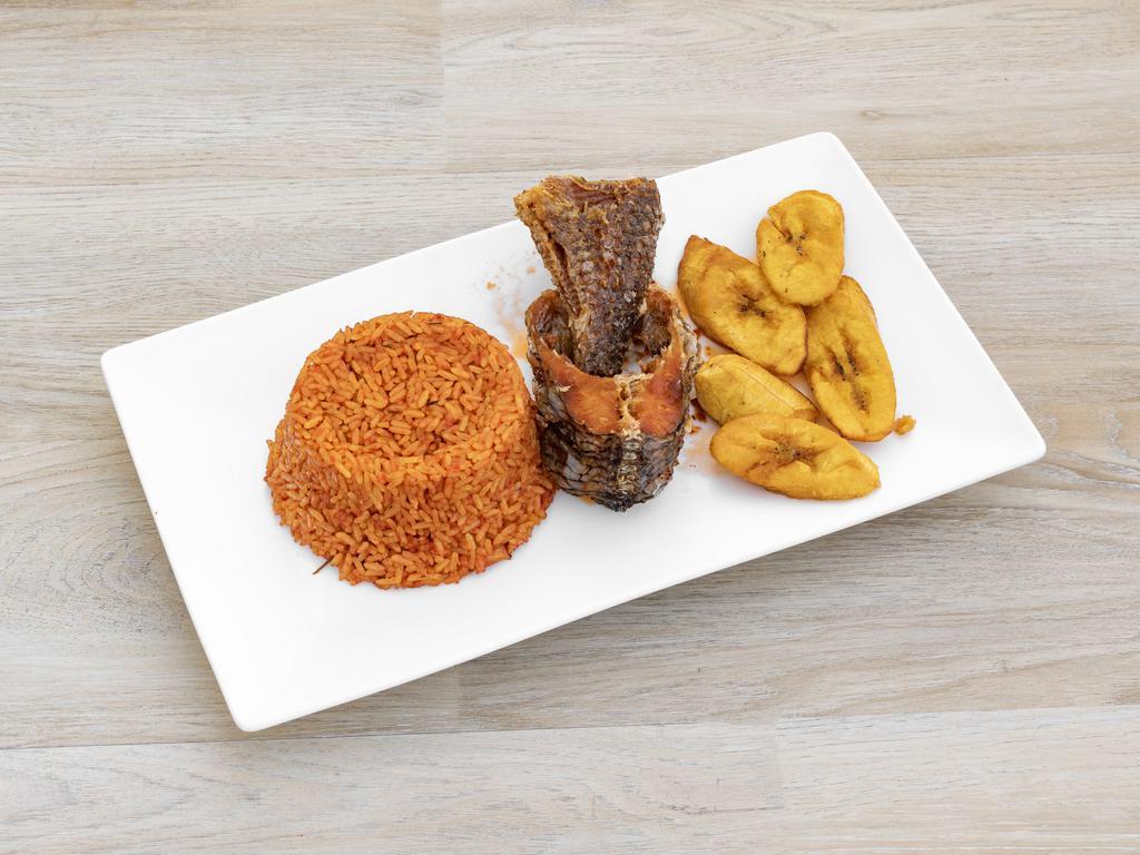 Jollof Rice · Rice, vegetable oil, fresh tomatoes, hot red pepper, red bell pepper and tomatoes.