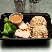 Thai Peanut Chicken Plate · Boneless skinless chicken breast tenderloin topped in handmade Thai peanut sauce.