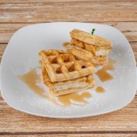 Chicken & Waffle Sandwich · Fluffy buttermilk waffle, crispy chicken breast, smoked Gouda cheese, bacon jam & maple Dijo...