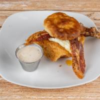 Buttermilk Biscuit & Chicken Sandwich · Crispy chicken breast nestled between warm buttermilk biscuit with honey, butter, bacon, jam...
