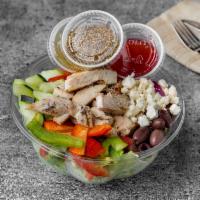 Grilled Chicken Greek Salad · Grilled chicken, romaine lettuce, tomatoes, bell peppers, onions, kalamata, olives, cucumber...