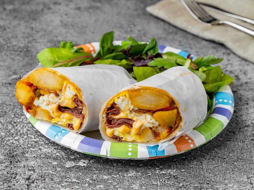 H8. Classic Breakfast Wrap · A warm wrap stuffed with scrambled eggs, ham, American cheese, and home fries.