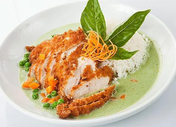 Crispy Chicken Green Curry Dinner · Crispy chicken breast served with our delicious green curry on jasmine rice.
