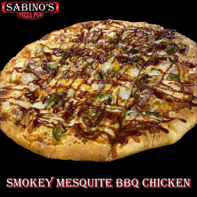 14” Smokey BBQ Chicken · BBQ Chicken Pizza! Tender marinated Chicken, Bacon, Onion, Jalapeno on a Garlic Butter Base, covered with Mozzarella and Cheddar Cheese then finished with Stubb's BBQ Sauce!