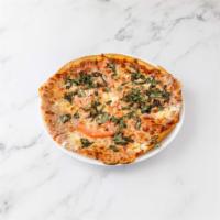 Margherita Pizza · Parmesan and mozzarella cheese, sliced tomato, basil and tomato sauce.