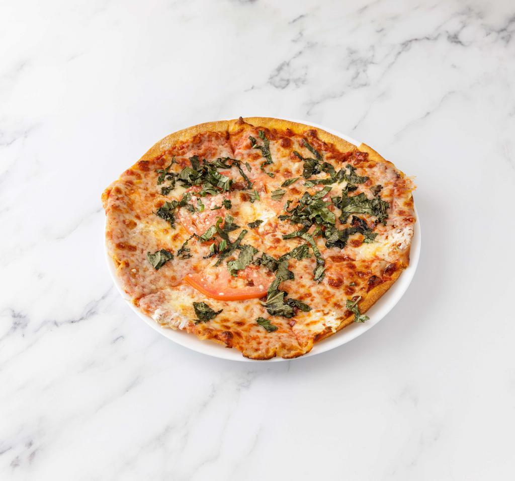 Margherita Pizza · Parmesan and mozzarella cheese, sliced tomato, basil and tomato sauce.
