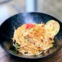 Spicy Crab Yaki Soba · Our handmade ramen noodles pan fried in organic duck oil with kikurage, scallion, cabbage, b...