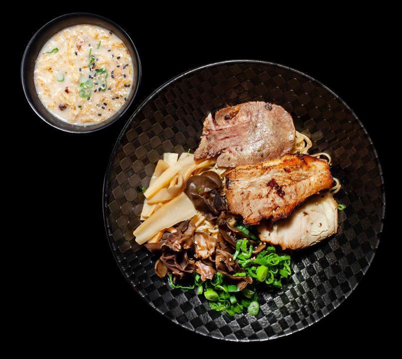 3 in 1 Tsukemen · Yuzu, black bean garlic oil, fried scallion, wood ear mushroom, menma, fresh scallion and tonkotsu dipping sauce.