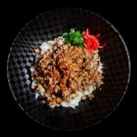 Spicy Clam & Pork over Rice · Sauteed ground pork with clam meat, scallions and ginger.
