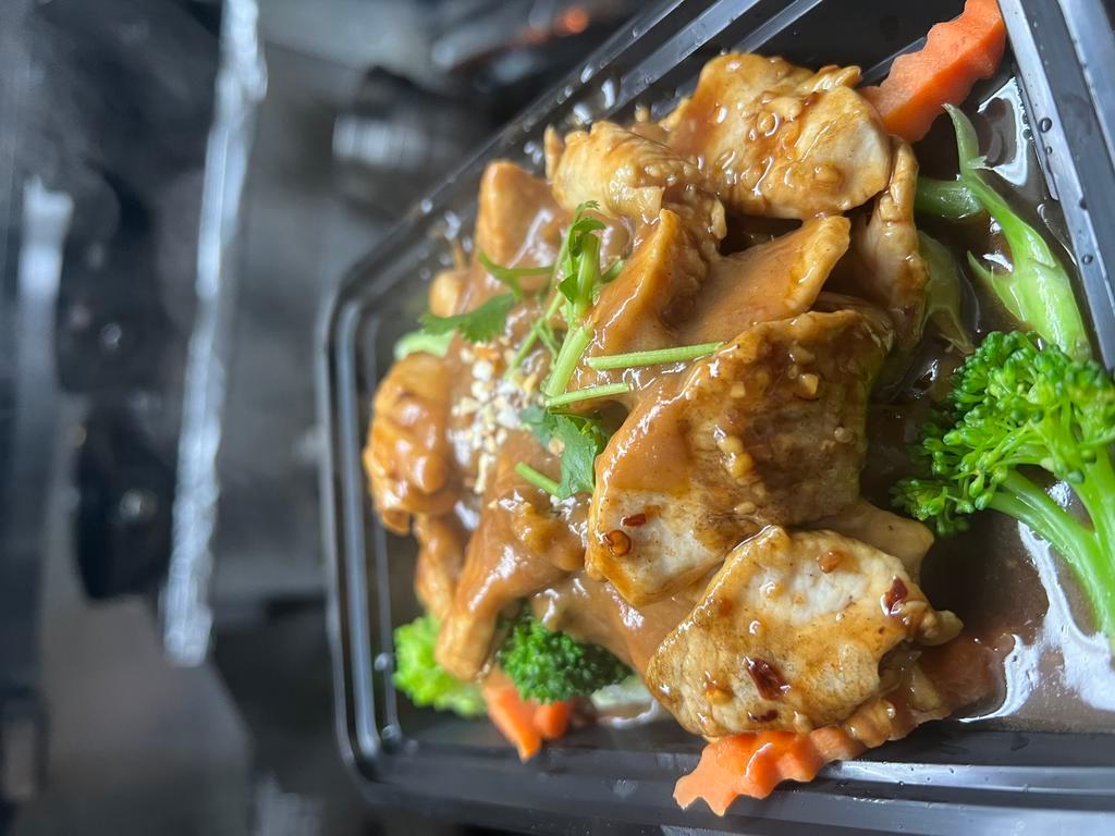 Rama Chicken · Steamed broccoli, cabbage and carrot and chicken topped with peanut sauce and served on jasmine rice. (Rice on the side) 