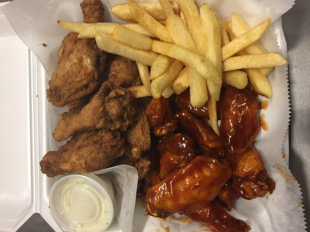 10 Piece Wings Combo · Includes 2 flavors. Includes fries and drink. If want a ranching dressing go to extras an add to order
