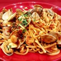 Spaghetti Sinatra · Vongole, shrimp, capers, olives and cherry tomato sauce. 