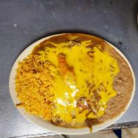 Cheese Enchilada · 2 cheese enchiladas with rice and beans
