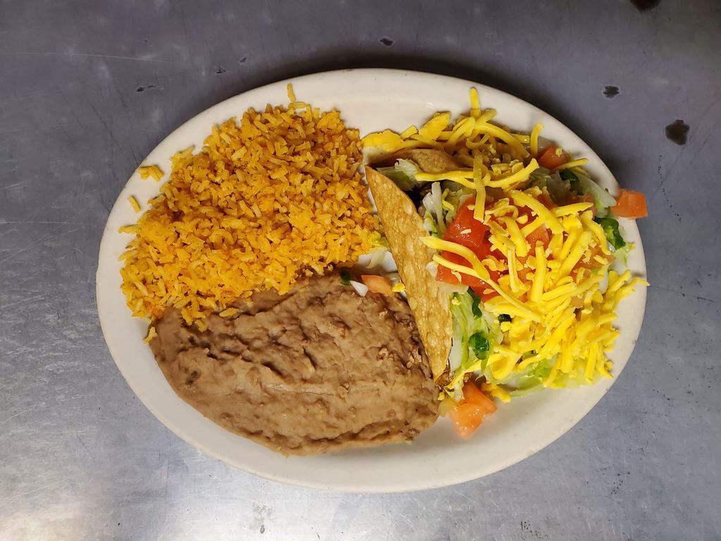 Beef Taco Plate · Beef Tacos served with rice and beans.