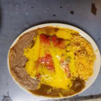 Chicken Enchilada Plate · 2 Chicken enchiladas served with rice and beans