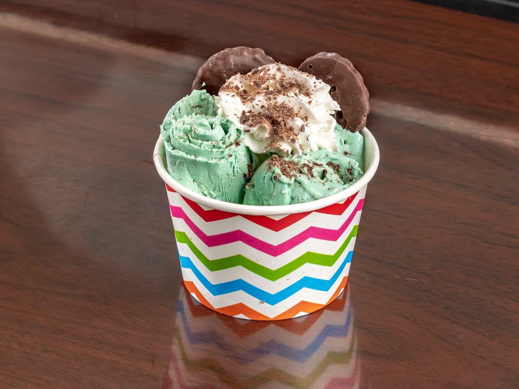 12 oz. Mint For Each Other Ice Cream · Mint chocolate chip ice cream, whipped cream, chocolate sprinkles and thin mint.
