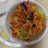 Side Salad · Iceberg lettuce, red cabbage, tomatoes, carrot slivers, and cheddar cheese.