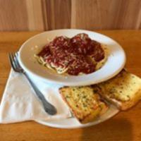 Spaghetti and Meatballs · Served with a slice of garlic bread.