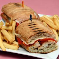 Grilled Lemon Chicken Panini · With mozzarella, roasted red peppers and balsamic vinaigrette.