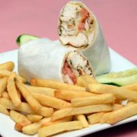 Glendale Diner Wrap · Grilled chicken strips, bacon, Swiss, Dijon mustard, lettuce, tomato and red onion.