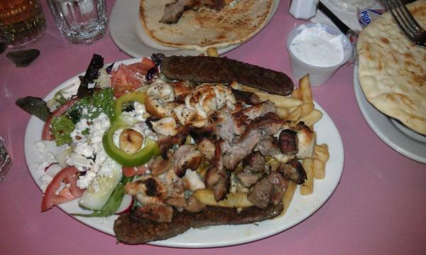 Special Combo Platter · Gyro, souvlaki and chicken kebob with Greek salad, french fries and pita bread.