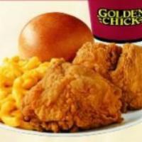 3 Pieces Golden Fried Chicken Combo · Leg, thigh and wing. Choice of side, hot yeast roll and 32 oz. drink.