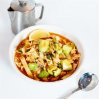 Chicken Tortilla Soup · Famous Tortilla Soup with rice & shredded chicken breast 