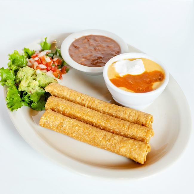Flautas · Three lightly fried corn tortillas, rolled with seasoned chicken OR beef, served with fresh made guacamole, pico de gallo, special flauta sauce & beans