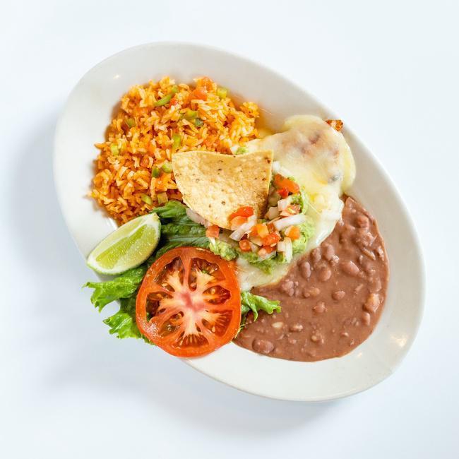 Monterrey Chicken Platter · Grilled chicken breast, topped with melted Monterey Jack cheese, guacamole & pico de gallo, served with rice & refried beans