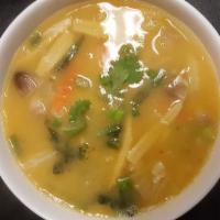Large Thai Soup · Egg,Spicy lemongrass, galanga, kaffir lime leaves and sambal oelek.