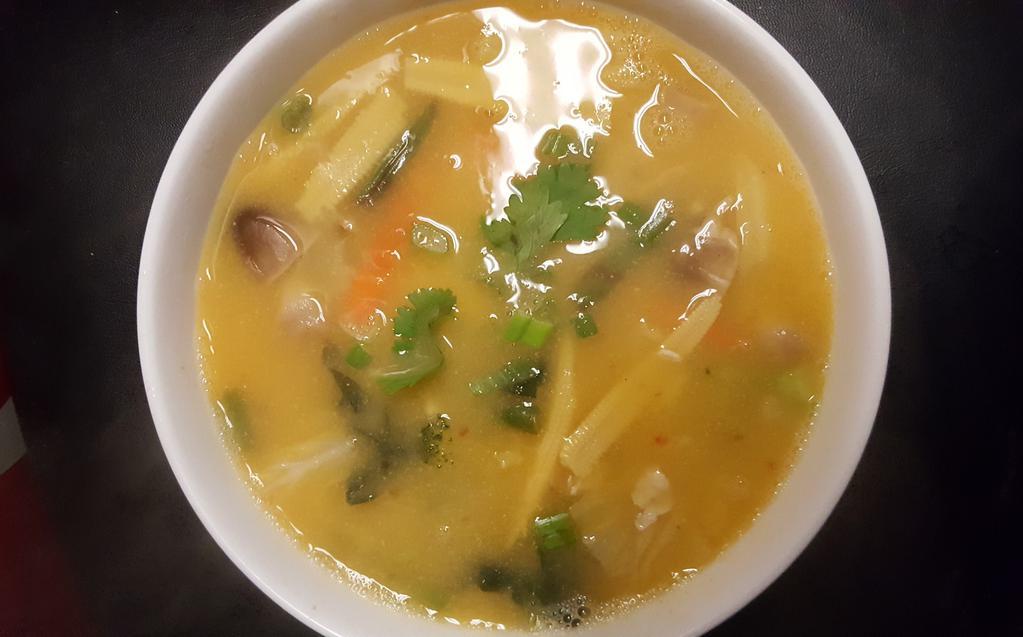 Large Thai Soup · Egg,Spicy lemongrass, galanga, kaffir lime leaves and sambal oelek.