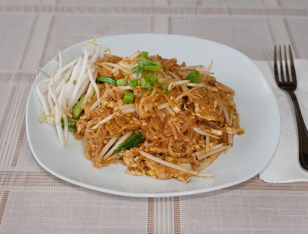 Pad Thai · Thai noodle. Square rice noodle, bean sprout, scallion and grounded peanut. Includes egg.