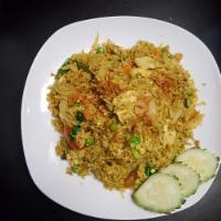 Curry Fried Rice · Onion, green pea, carrot and curry powder topped with fried onion. Includes egg. (Plz ask fo...