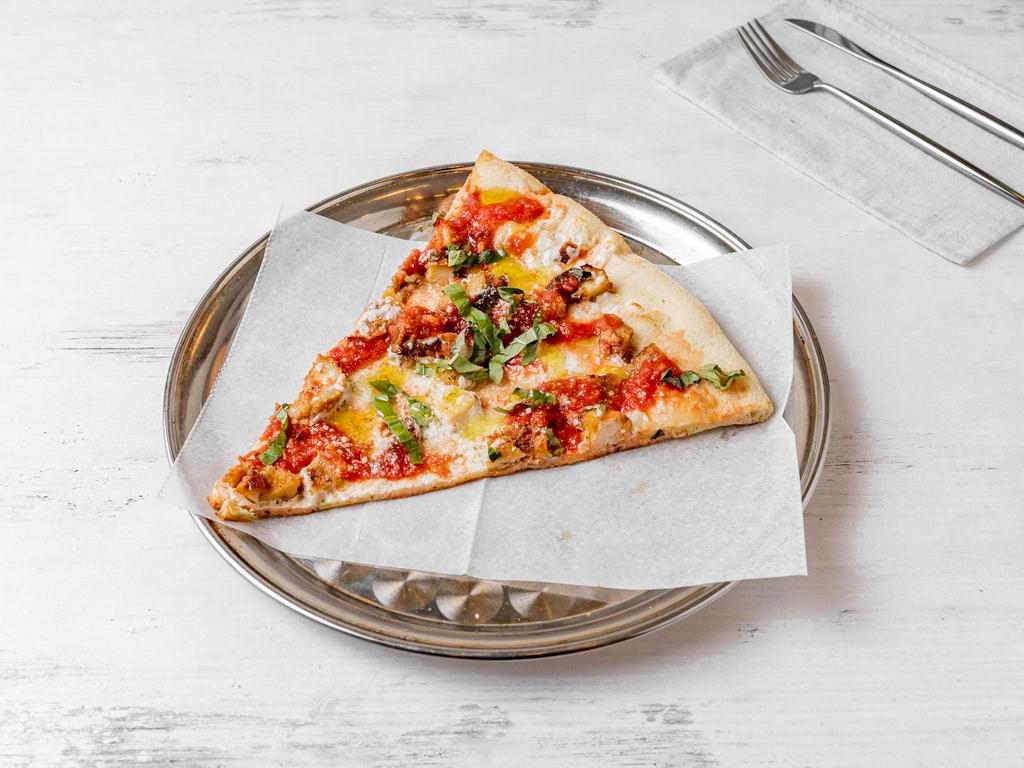 Magherita Slice · With fresh mozzarella, tomato, sauce, basil, and olive oil.