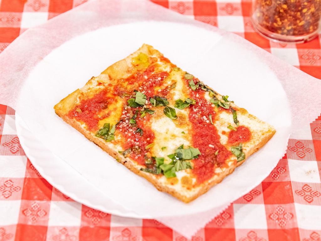 Grandma Slice · With fresh mozzarella, tomato sauce, basil, and olive oil.
