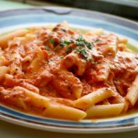 Penne a la Vodka · Narrow tube-shaped pasta with tomato and vodka pasta sauce.