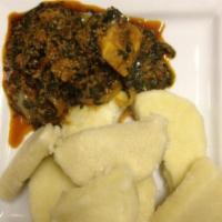 Yum Ampesi · Boiled yam or green plantain served with stew.
