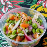 Classic Salmon · Poke salmon marinated with sweet sesame shoyu, pickled onions, green onions, cucumbers, and ...