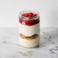 Mixed Berry Cheesecake Jar · New York style cheesecake, almond crumble, strawberry compote, fresh strawberries, blueberry...