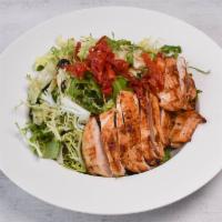 Chicken Artichoke Salad Dinner · Valerian salad, roasted chicken breast artichokes, sun dried tomatoes, black olives, black p...