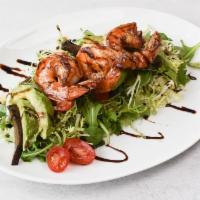 Shrimp Avocado Salad Dinner · Arugula, smoked portobello mushroom, cherry tomatoes, sliced avocado with grilled shrimp and...