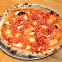 Rustic Pizza · Tomato, mozzarella, spicy soppressata, roasted peppers