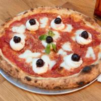 Surrpressata Pizza · Tomato, hot soppressata, ricotta, mozzarella, cherries, mint