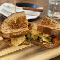 Vegan Sandwich · Baba ghanoush, zucchini, sweet peppers, leeks, sea salt and vinegar chips.